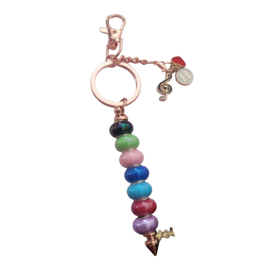 Beaded Handcrafted Initial "H" Keychain/bag charm w/heart and music note charms. - Picture 3 of 4